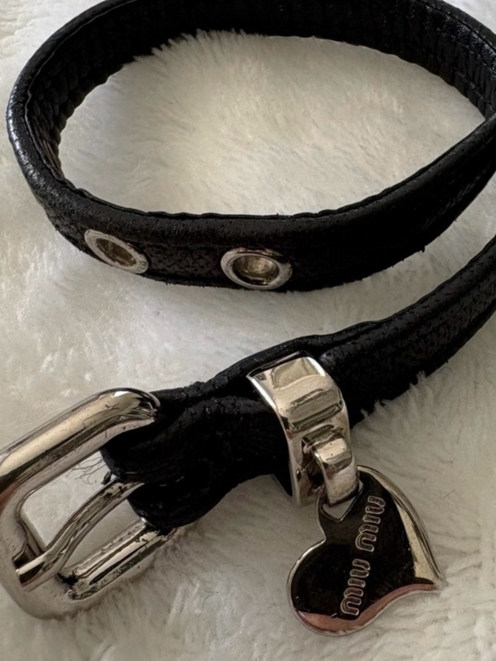 Miu Miu Black Leather Bracelet with Silver Heart Charm